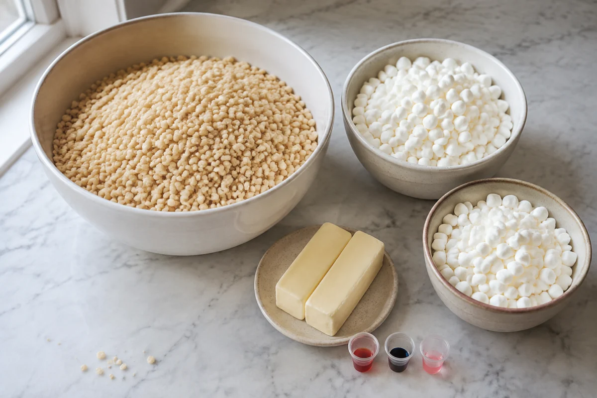 Ingredients for red, white, and blue marshmallow rice cereal treats including crisp rice cereal, mini marshmallows, butter, and food coloring