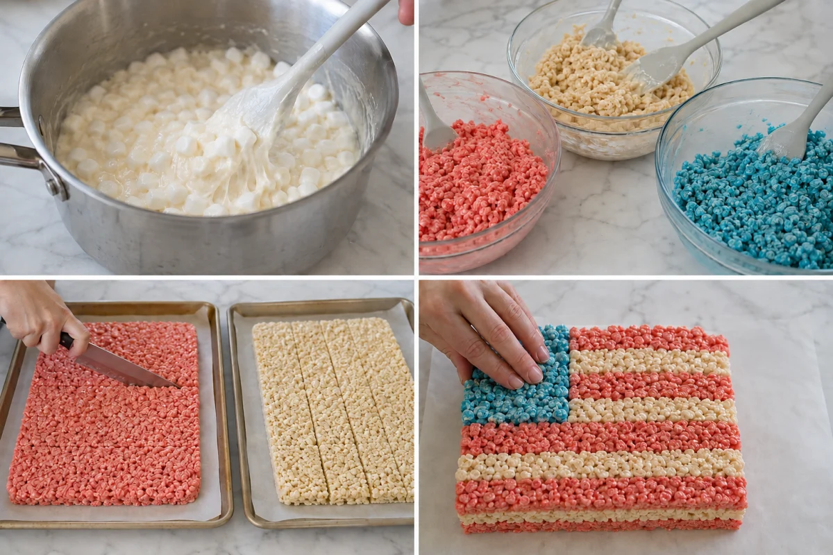 Four stages for red, white, and blue cereal treats: melting marshmallows, coloring the batches, cutting red and white slabs, and assembling the flag block