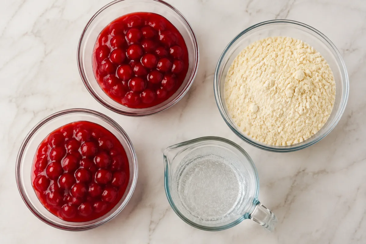 Three ingredients for lemon-lime cherry dump cake with two cans cherry pie filling, yellow cake mix, and clear bubbly soda