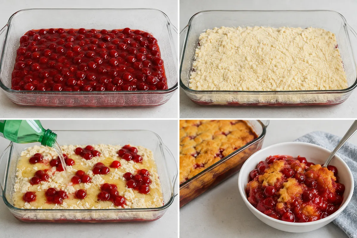Four stages showing cherry filling in a baking dish, dry cake mix added, lemon-lime soda poured with extra cherries dolloped on top, and dump cake baked golden