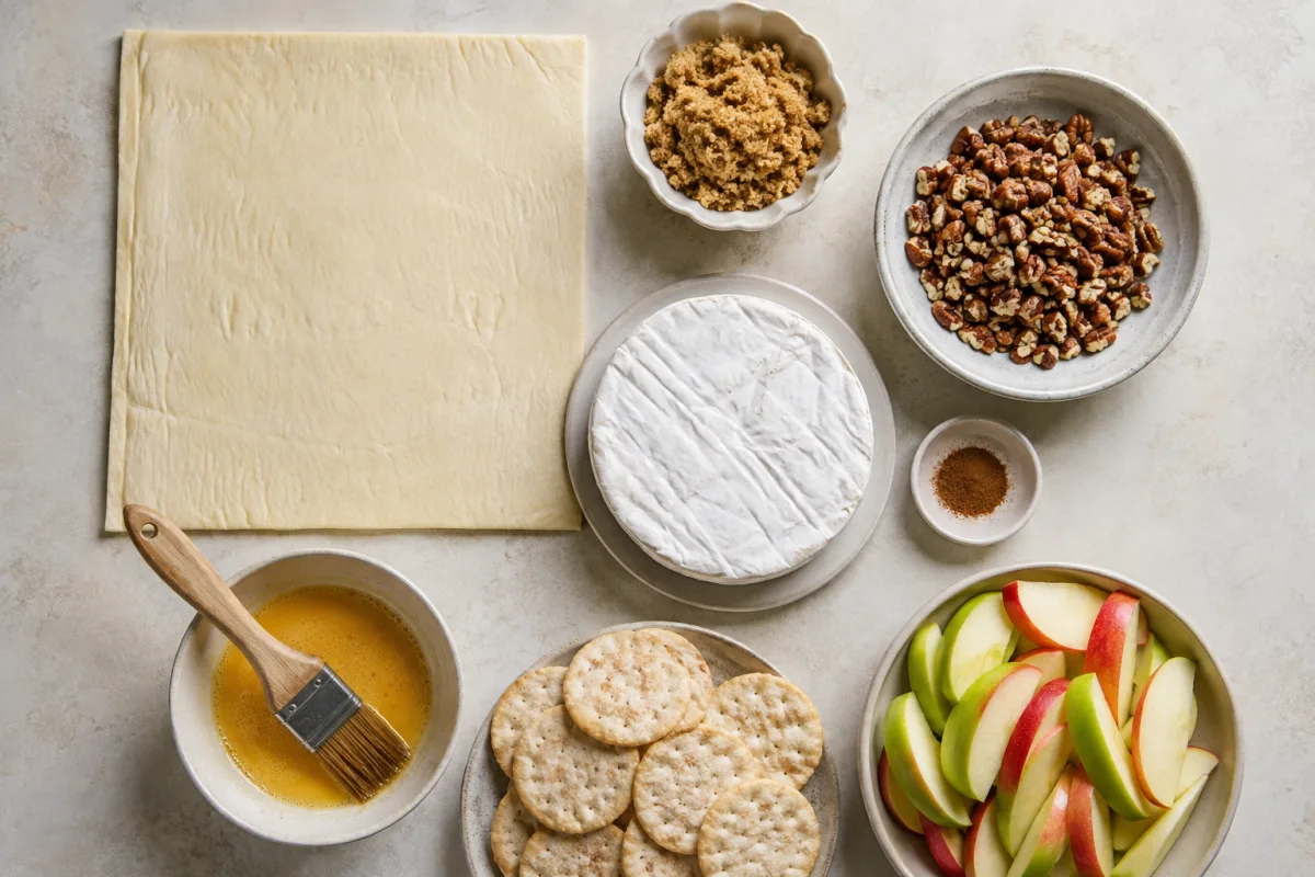 Ingredients for air fryer baked brie with puff pastry, brie wheel, brown sugar, chopped pecans, cinnamon, beaten egg, crackers, and apple slices