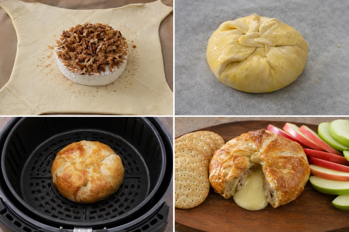 Four stages showing brie topped with brown sugar and pecans on puff pastry, pastry sealed and egg-washed, parcel air fried golden, and baked brie opened with crackers and apples