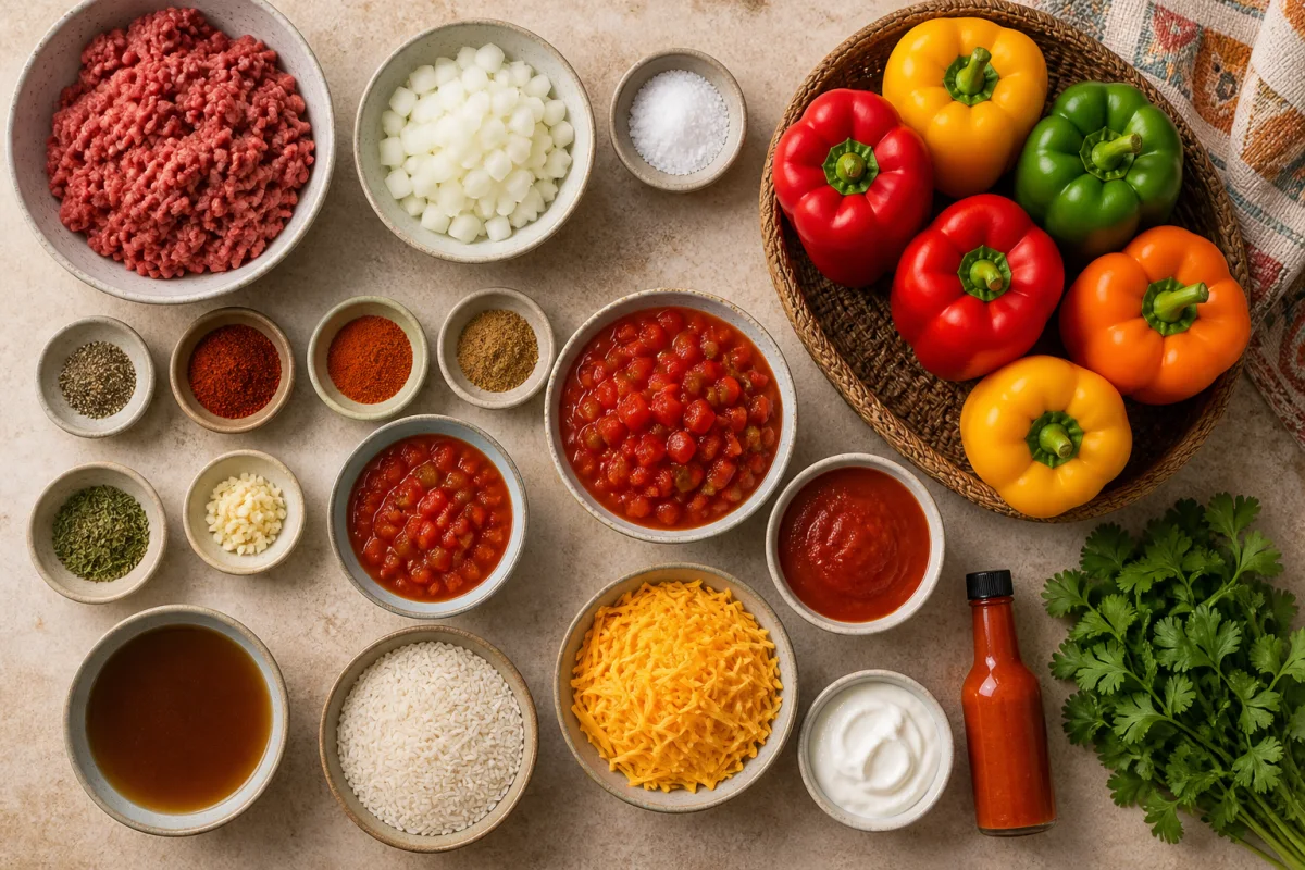Ingredients for taco stuffed peppers including beef, rice, tomatoes, broth, cheddar, spices, and colorful bell peppers