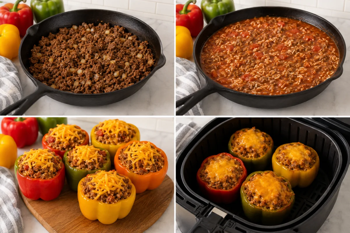 Four stages showing beef browned, tomato rice simmered, peppers stuffed, and cheddar melted in an air fryer