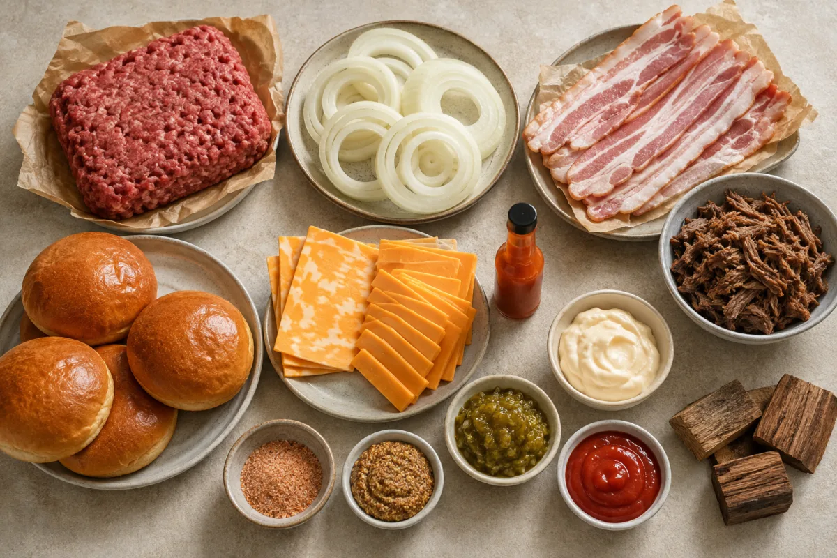 Ingredients for an All-American bacon cheeseburger with ground chuck, onion rings, bacon, Colby, cheddar, short ribs, brioche buns, burger sauce ingredients, seasoning, and hickory