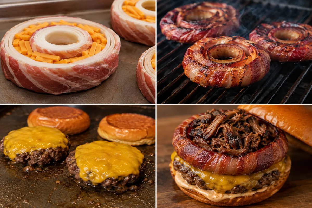 Four stages showing cheese packed between onion rings and wrapped in bacon, rings smoked, cheddar burgers and brioche buns grilled, and the loaded burger assembled with short ribs