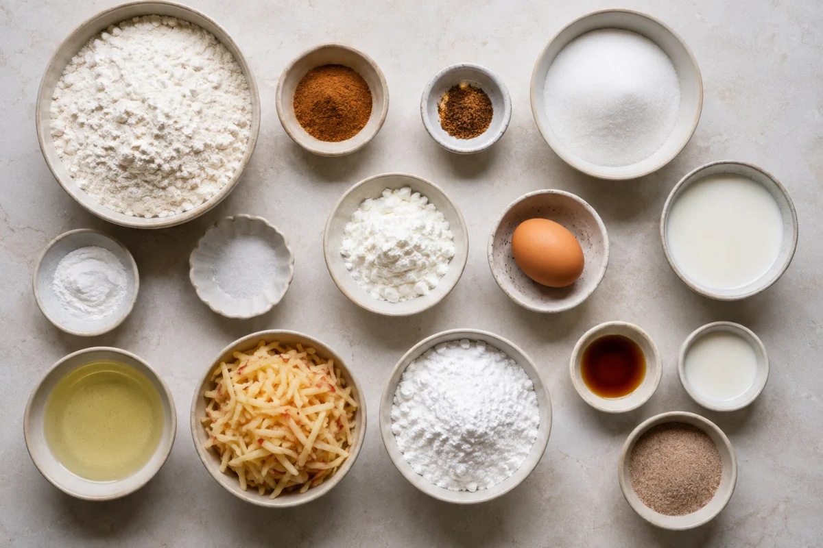 Ingredients for apple fritter waffle donuts including flour, spices, sugar, baking powder, salt, cornstarch, egg, milk, oil, shredded apples, powdered sugar, vanilla, and cinnamon sugar