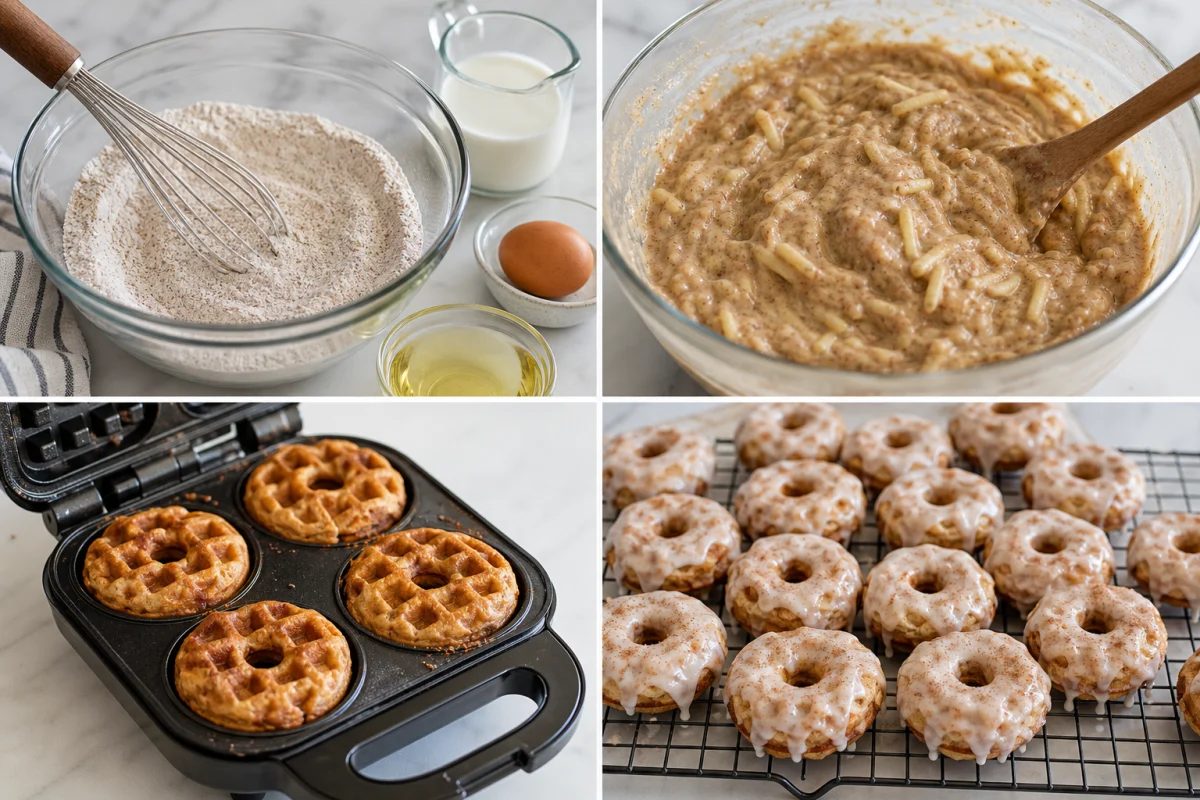 Four stages showing dry ingredients mixed, shredded apple folded into batter, small apple fritter portions cooking in a waffle iron, and glazed waffle donuts cooling