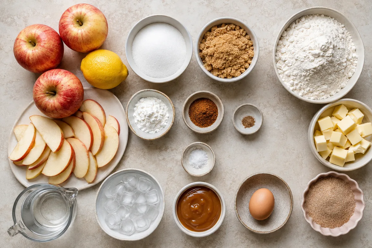 Ingredients for apple pie cookies with apples, lemon, sugars, cornstarch, cinnamon, nutmeg, flour, cold butter, ice water, caramel, and egg
