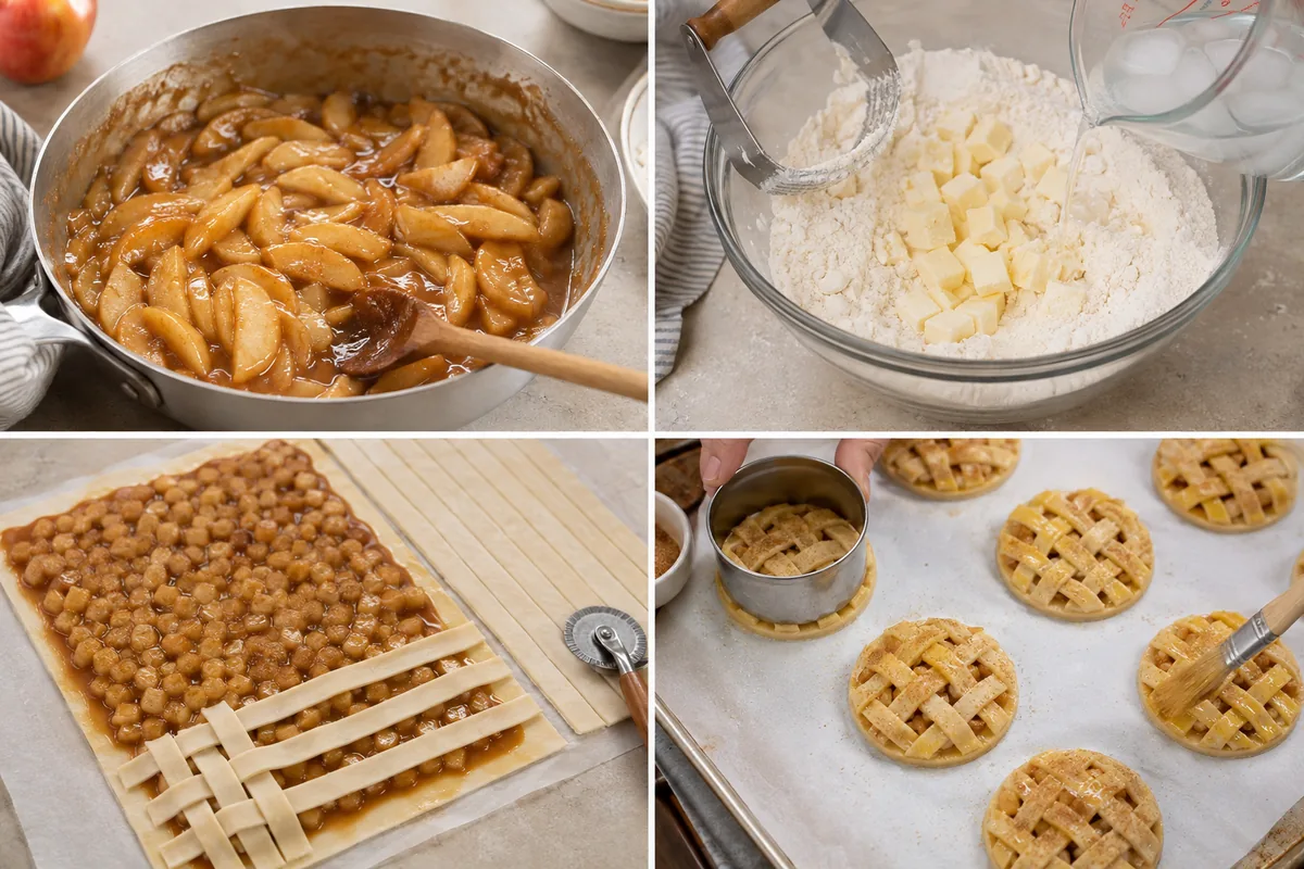 Four stages of apple pie cookies showing cooked apple filling, cold butter pastry, caramel apple lattice assembly, and round cookies ready to bake
