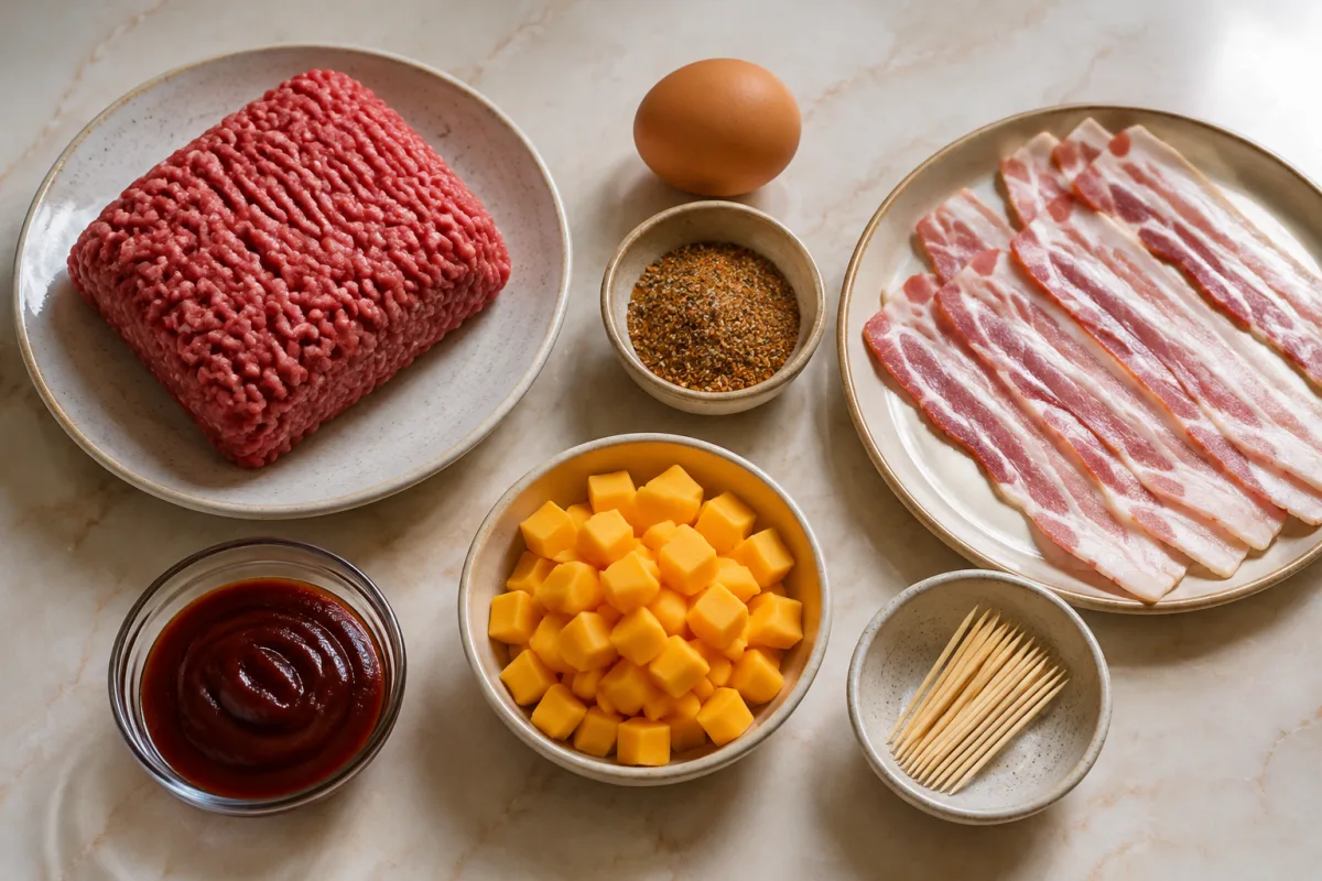 Ingredients for bacon cheeseburger bombs with ground beef, egg, burger seasoning, cheddar cubes, bacon, barbecue sauce, and toothpicks