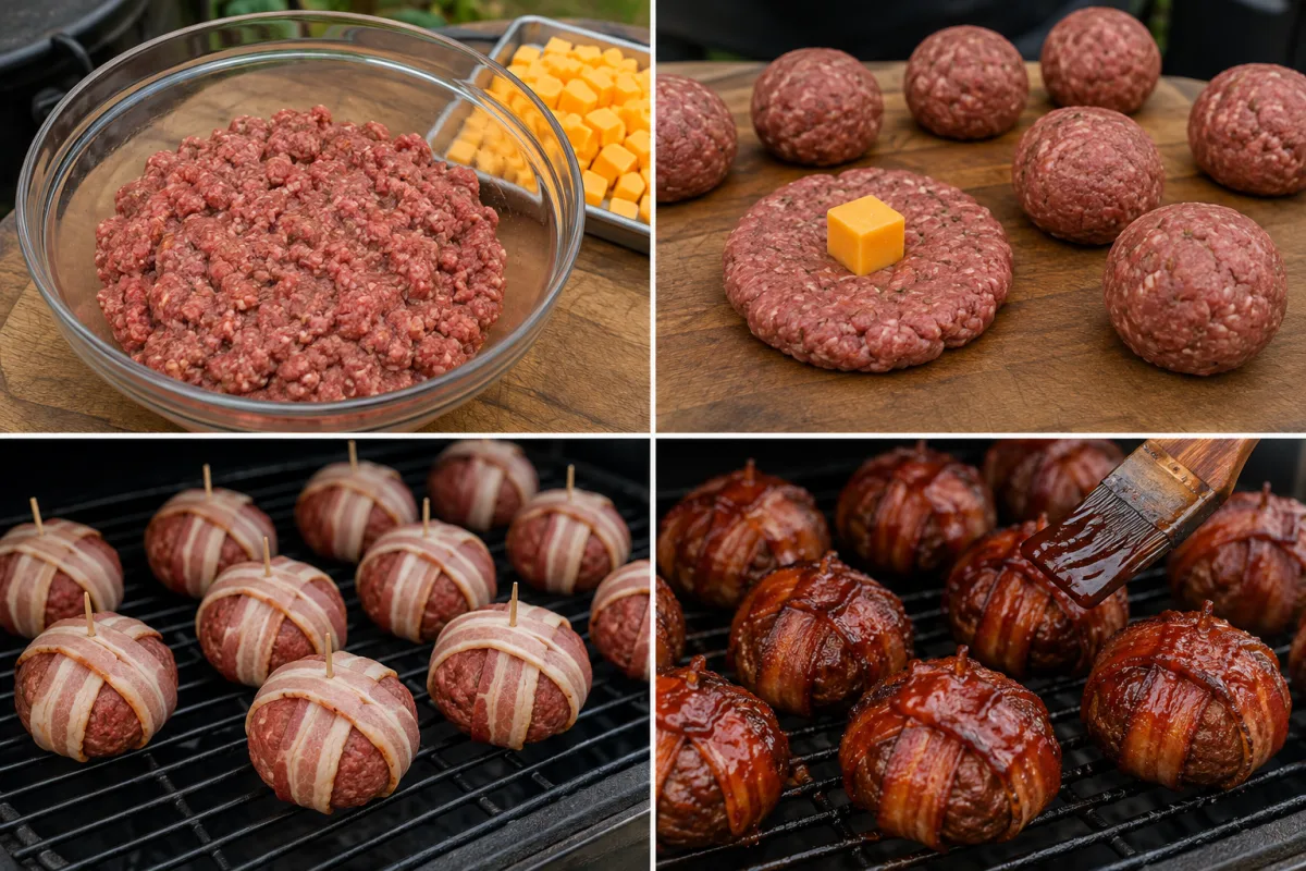 Four stages showing seasoned ground beef mixed, cheddar sealed inside beef portions, bacon strips crossed around the bombs, and glazed bacon cheeseburger bombs cooked on a smoker