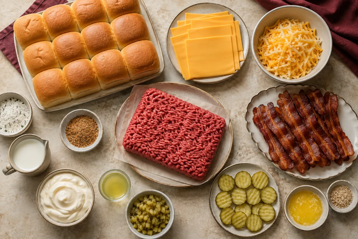 Ingredients for bacon cheeseburger pickle ranch sliders: rolls, beef, two cheeses, bacon, pickles, ranch ingredients, butter, and sesame seeds
