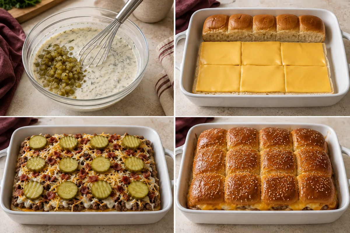 Four stages for bacon cheeseburger sliders: mixing pickle ranch, layering cheese, adding beef and toppings, and baking the buttered rolls