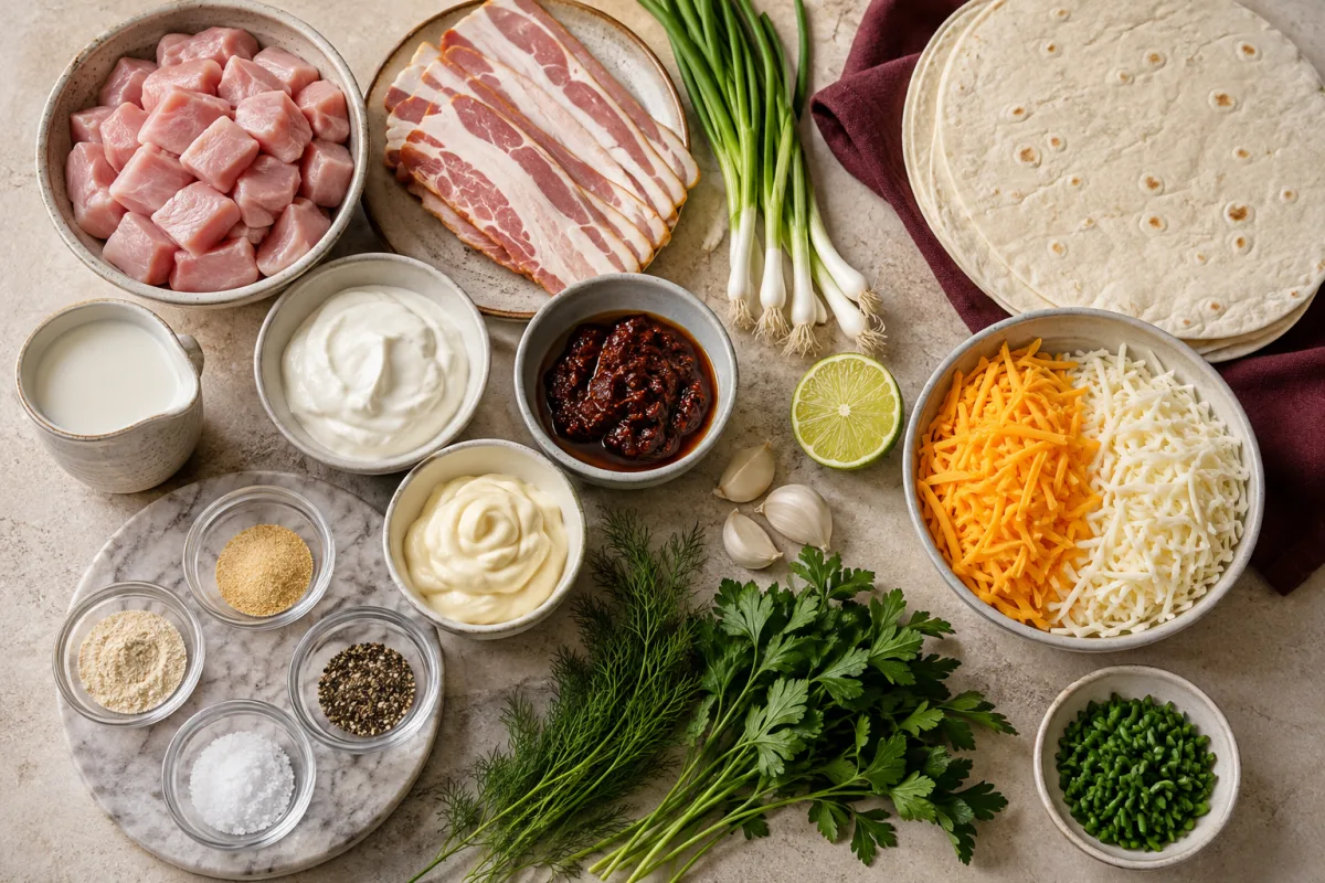 Ingredients for bacon chicken chipotle ranch quesadillas with chicken thighs, bacon, tortillas, cheeses, green onion, chipotle, dairy, lime, garlic, and herbs