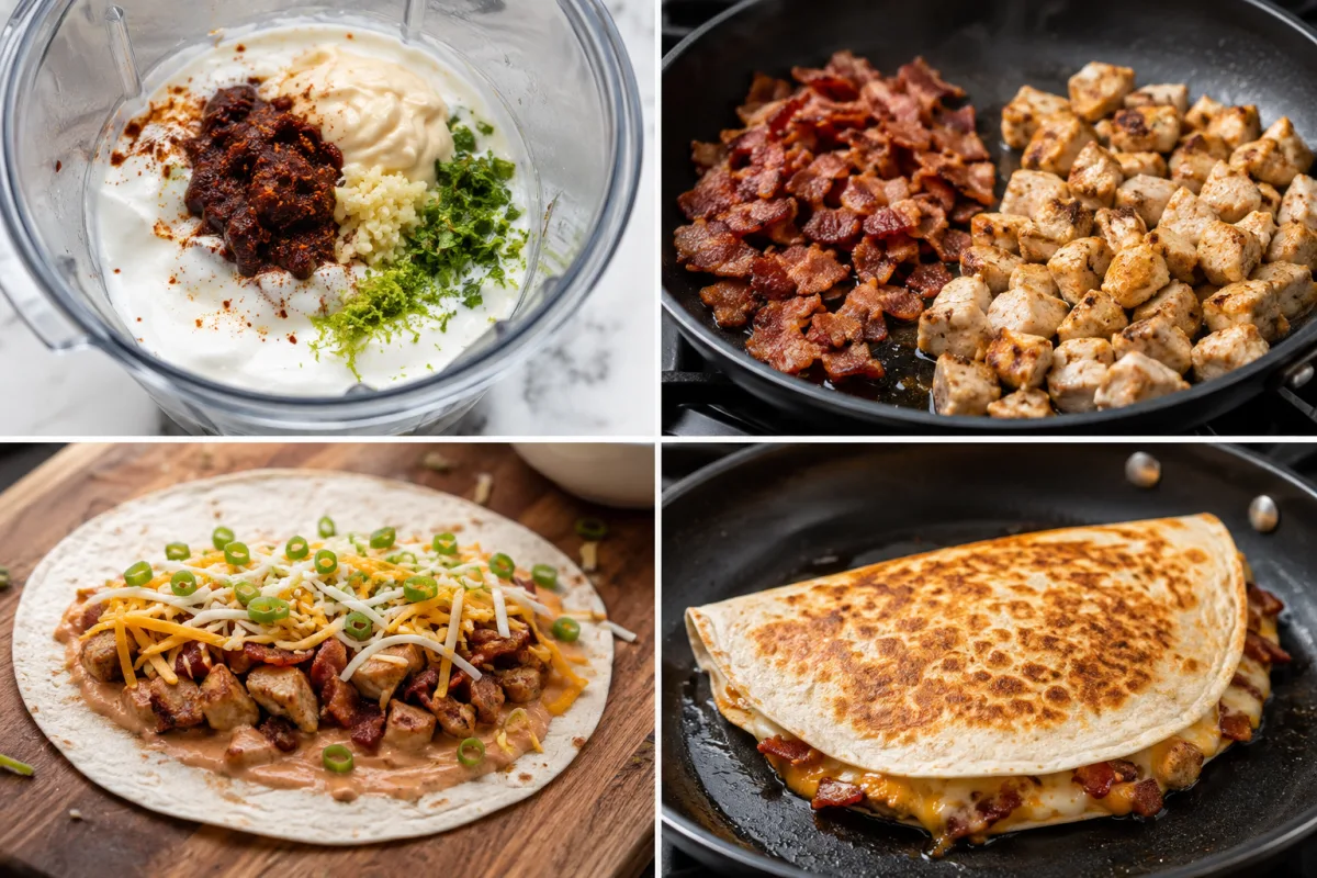 Four stages showing chipotle ranch blended, bacon and chicken cooked, tortilla layered with filling and cheese, and quesadilla crisped in a skillet