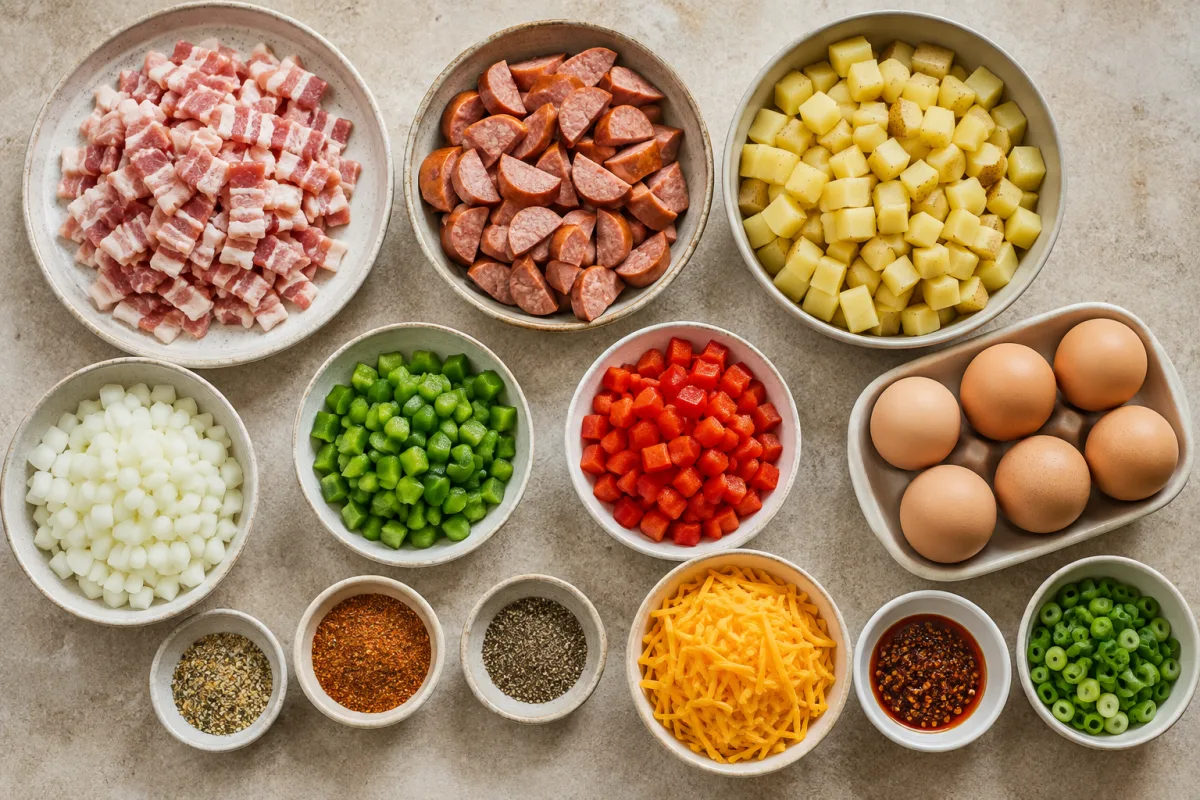Ingredients for a breakfast skillet with bacon, kielbasa, potatoes, onion, red and green peppers, eggs, cheddar, seasonings, chili crisp, and green onions