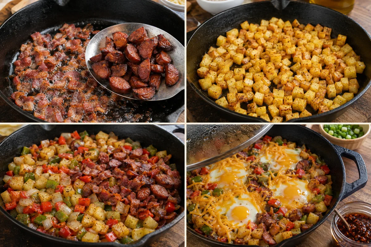 Four stages of a breakfast skillet showing bacon and kielbasa, crisp potatoes, peppers and meats combined, and eggs with melting cheddar