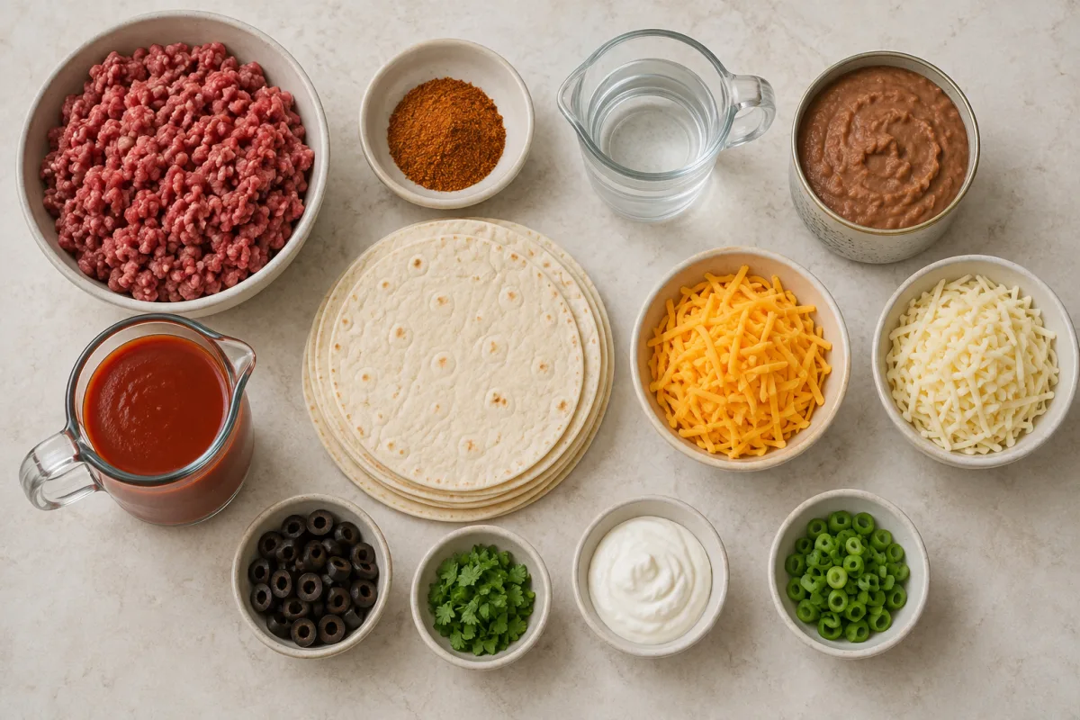 Ingredients for baked enchiritos with ground beef, taco seasoning, refried beans, red enchilada sauce, flour tortillas, cheddar, Monterey Jack, and garnishes