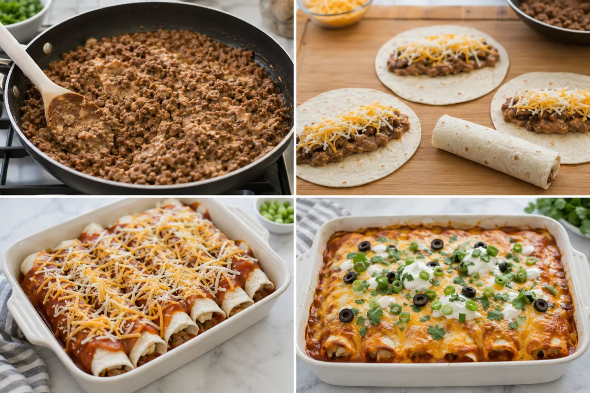 Four stages showing beef and refried bean filling cooked, tortillas filled and rolled, enchiritos sauced and cheesed in a baking dish, and the finished casserole bubbling