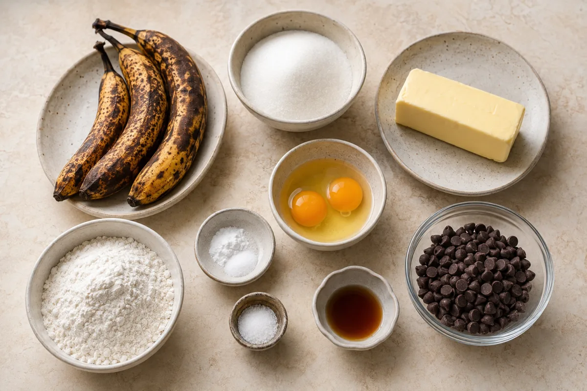 Ingredients for banana bread cookies with ripe bananas, sugar, butter, eggs, vanilla, flour, baking soda, salt, and chocolate chips