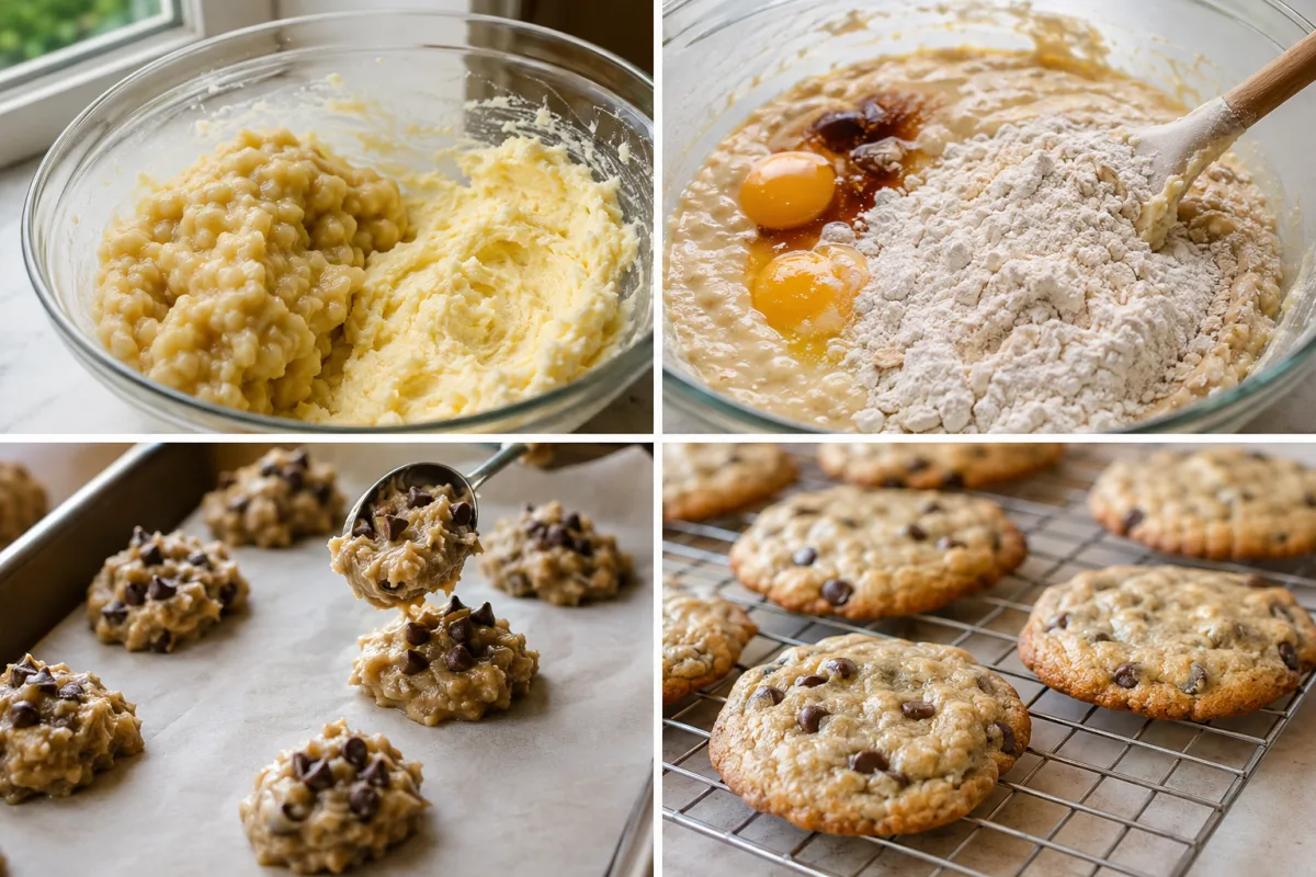 Four stages showing ripe bananas and creamed butter, wet banana batter mixed with flour, chocolate chip batter dropped on parchment, and soft cookies cooling