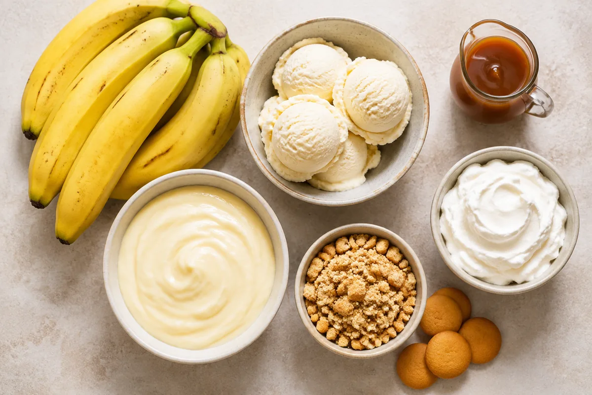 Ingredients for banana pudding banana split boats with firm bananas, vanilla ice cream, banana pudding, vanilla wafers, whipped cream, and caramel sauce