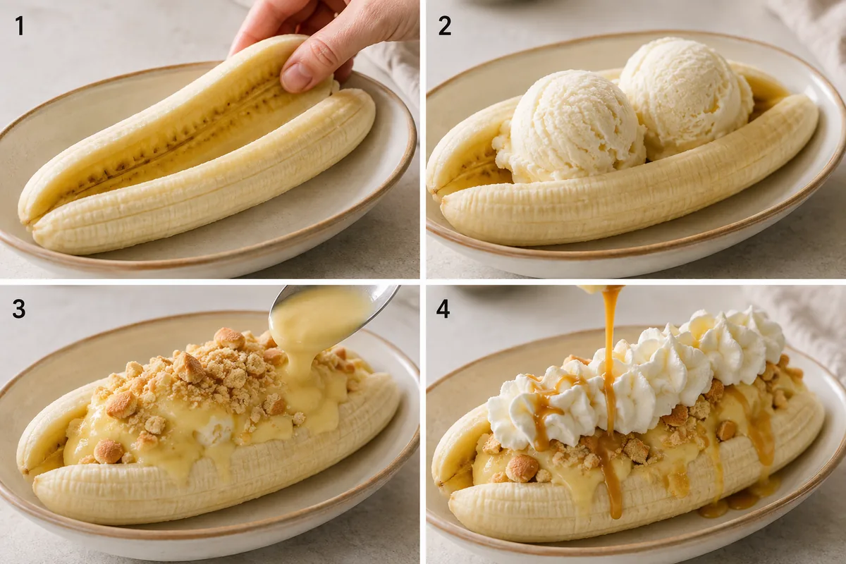 Four stages of a banana pudding banana split boat showing a split banana, vanilla ice cream, banana pudding and wafer crumbs, and whipped cream with caramel