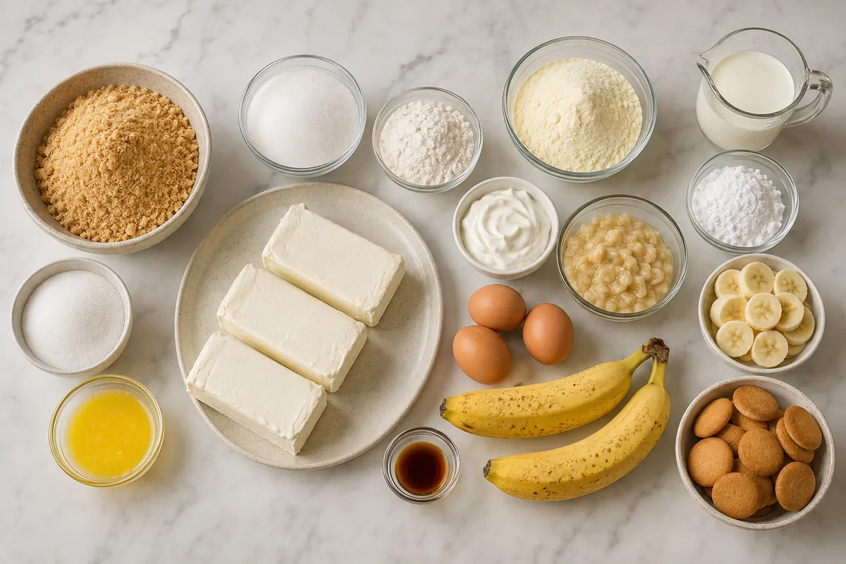 Ingredients for banana pudding cheesecake with vanilla wafer crumbs, butter, cream cheese, sugar, flour, banana pudding mix, sour cream, eggs, bananas, cream, powdered sugar, and vanilla wafers
