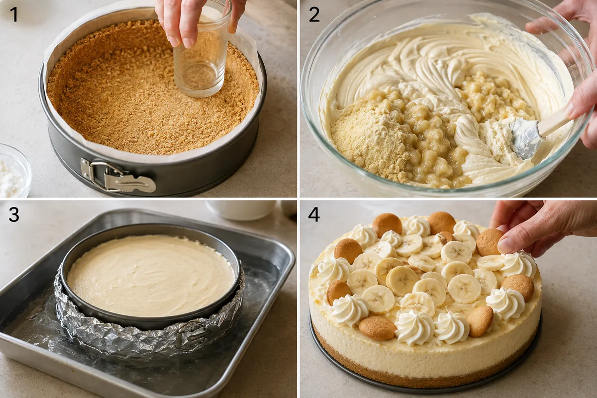 Four stages of banana pudding cheesecake showing vanilla wafer crust, banana filling, foil-wrapped water bath, and chilled cheesecake being decorated