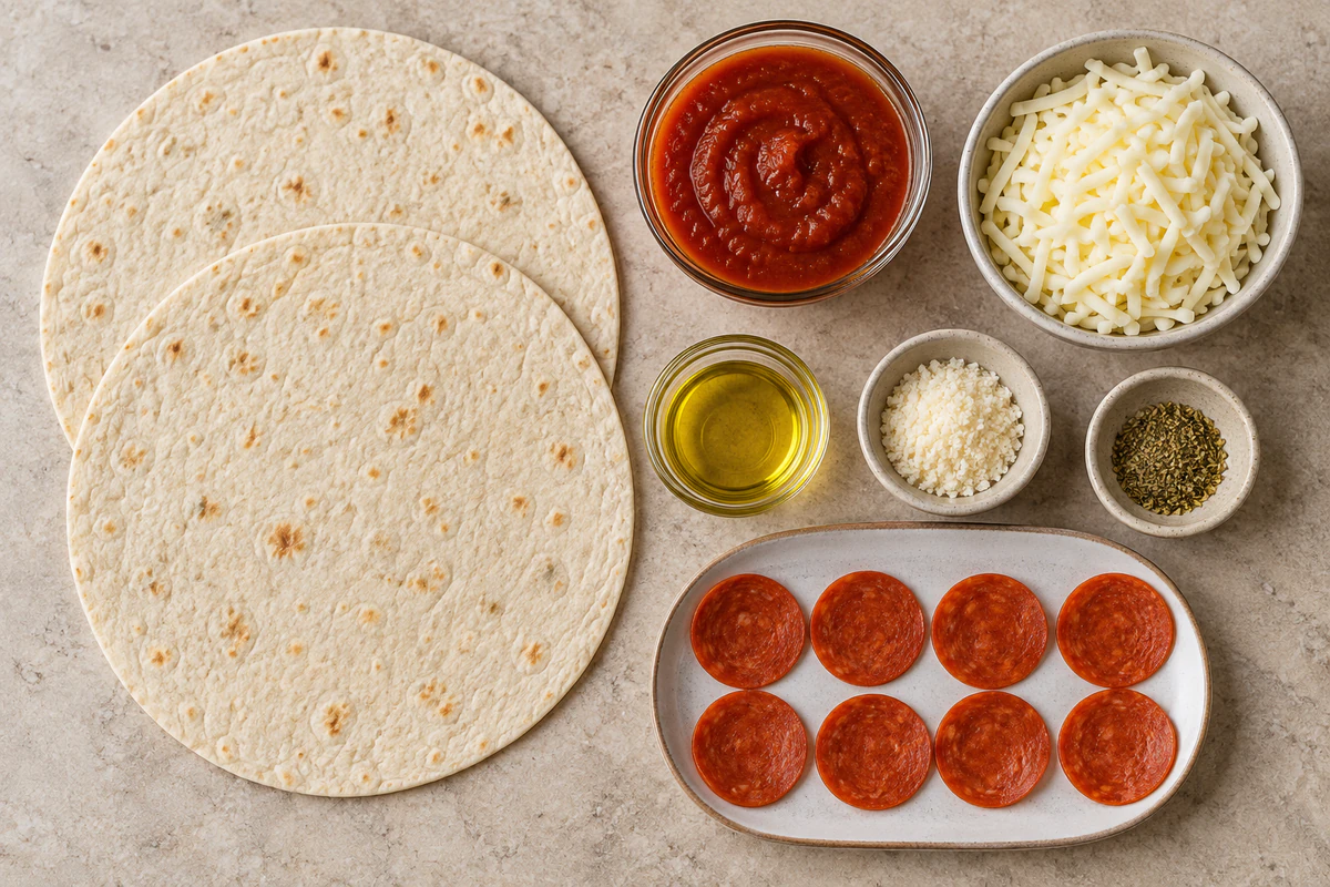 Two flour tortillas, olive oil, pizza sauce, Parmesan, Italian seasoning, mozzarella, and eight pepperoni slices