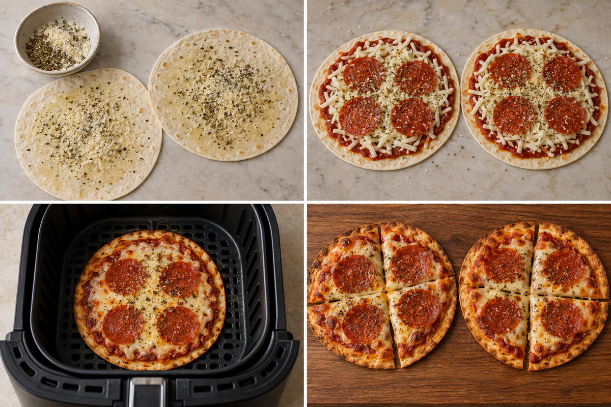 Four stages showing seasoned tortillas, two topped pizzas, one pizza in an air fryer, and two crisp personal pizzas