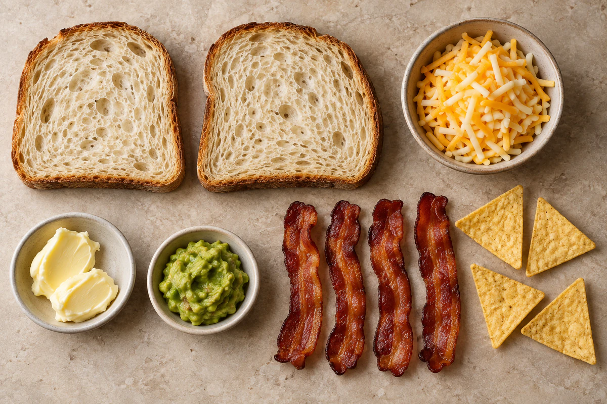Two sourdough slices, butter, Colby Jack, guacamole, four bacon strips, and four optional tortilla chips