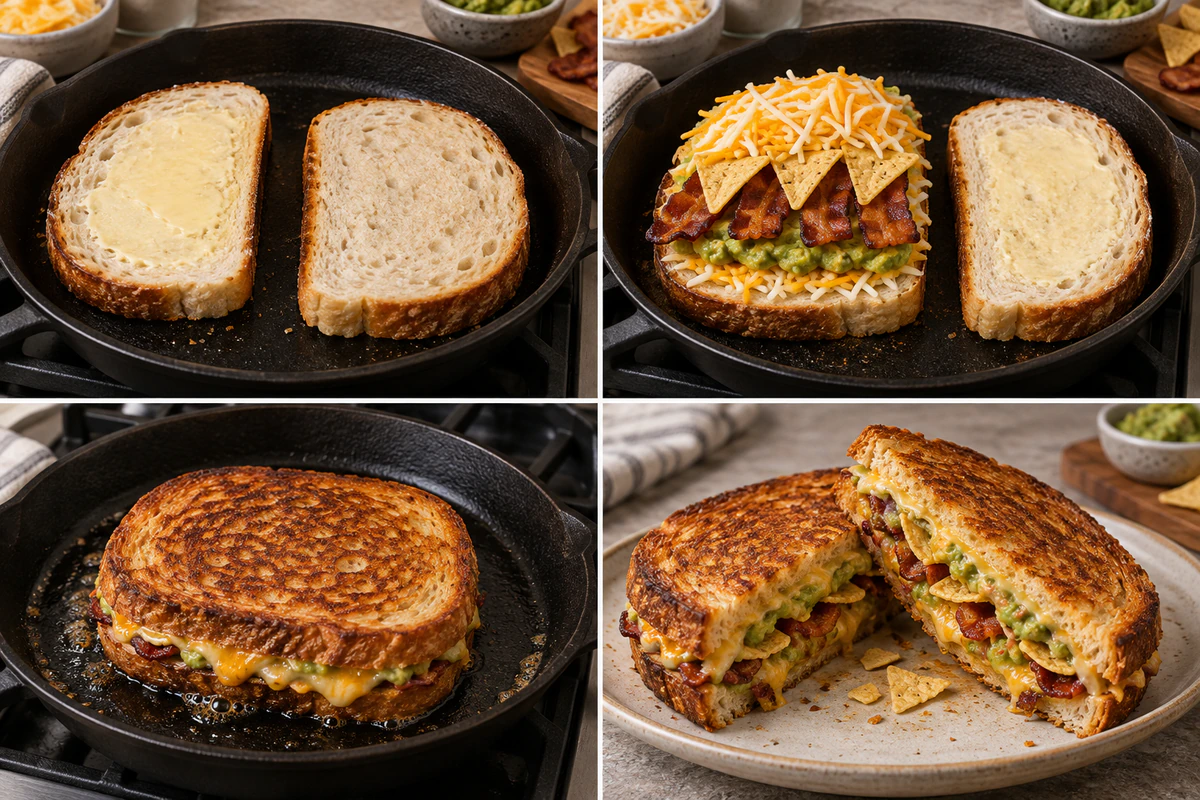 Four stages showing buttered bread, guacamole bacon and chip filling, skillet grilling, and one sliced sandwich