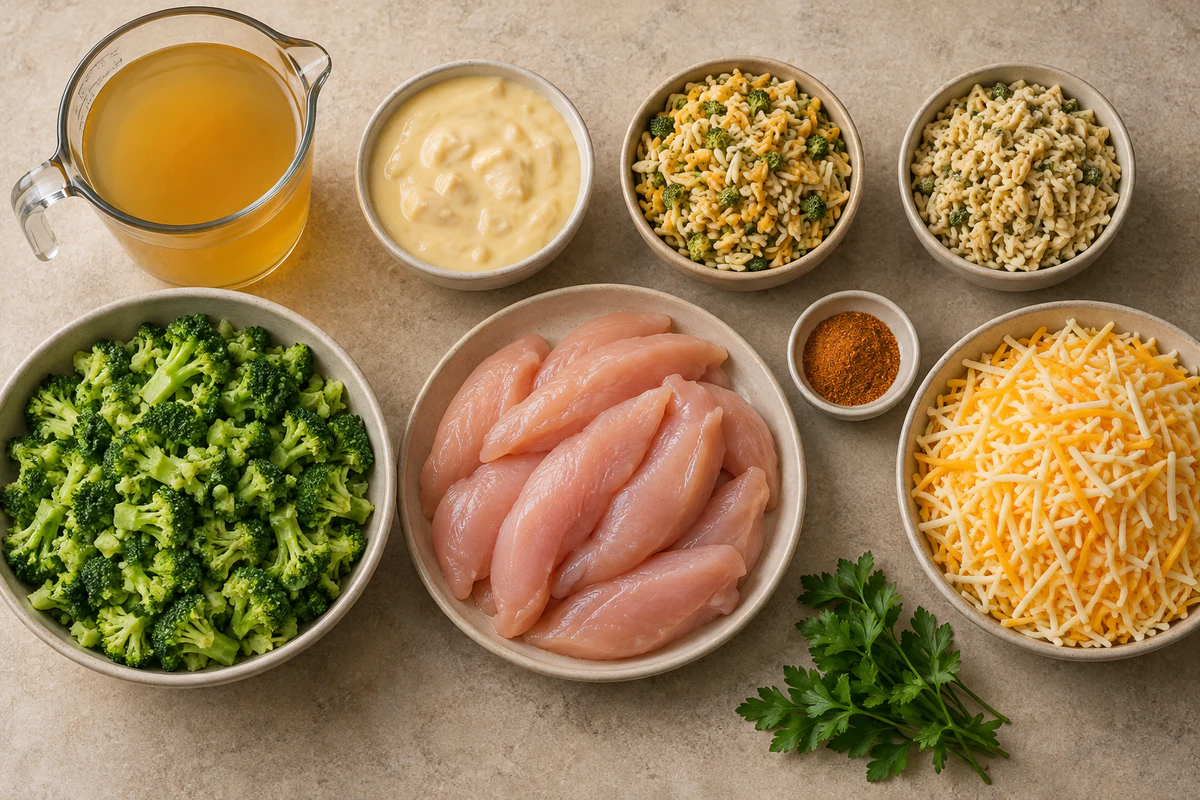 Chicken stock, cream of chicken soup, two rice blends, broccoli, chicken tenders, Old Bay, Mexican cheese, and parsley
