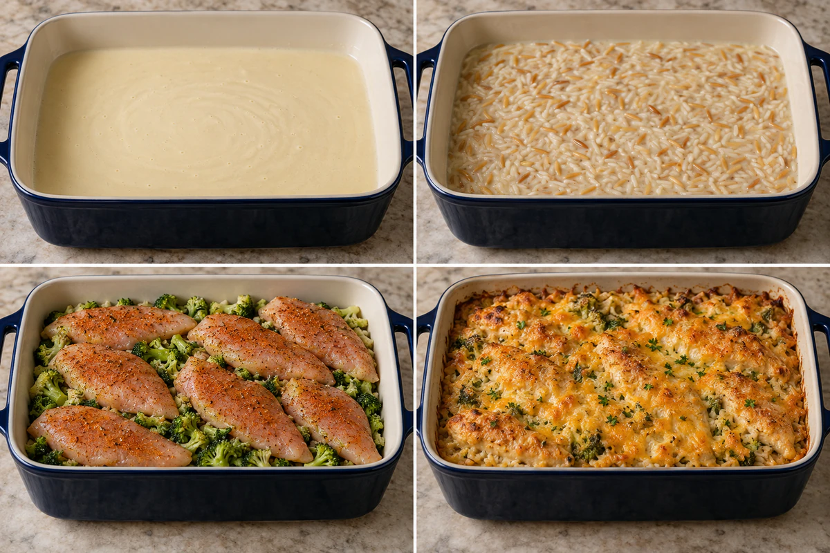 Four stages showing creamy stock, rice blends, broccoli and seasoned chicken, and baked cheesy casserole