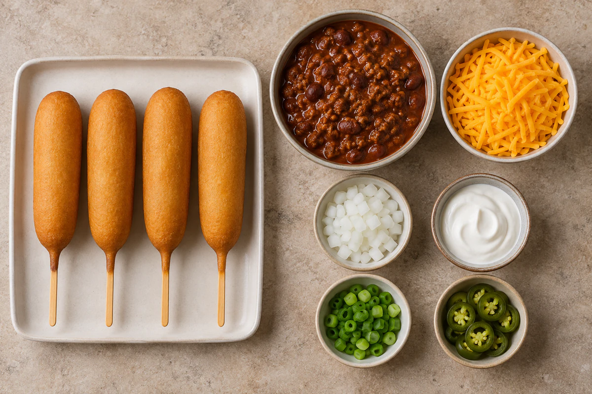 Four corn dogs, chili, cheddar, diced onion, sour cream, green onion, and jalapenos