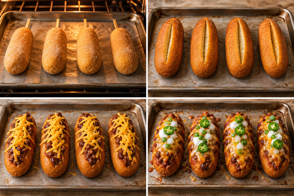 Four stages showing baked corn dogs, center slits, chili and cheddar filling, and four finished chili corn dogs