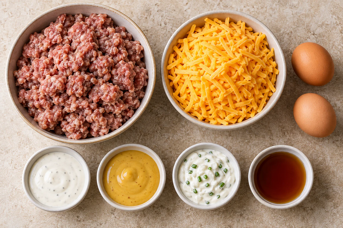 Breakfast sausage, sharp cheddar, two eggs, and four optional dipping sauces