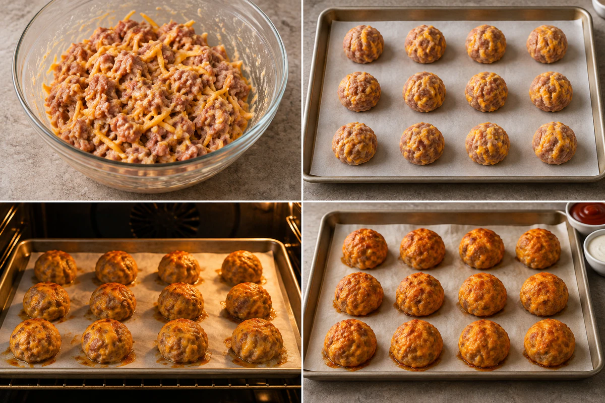 Four stages showing mixed sausage cheese and eggs, twelve raw balls, baking, and twelve golden sausage balls