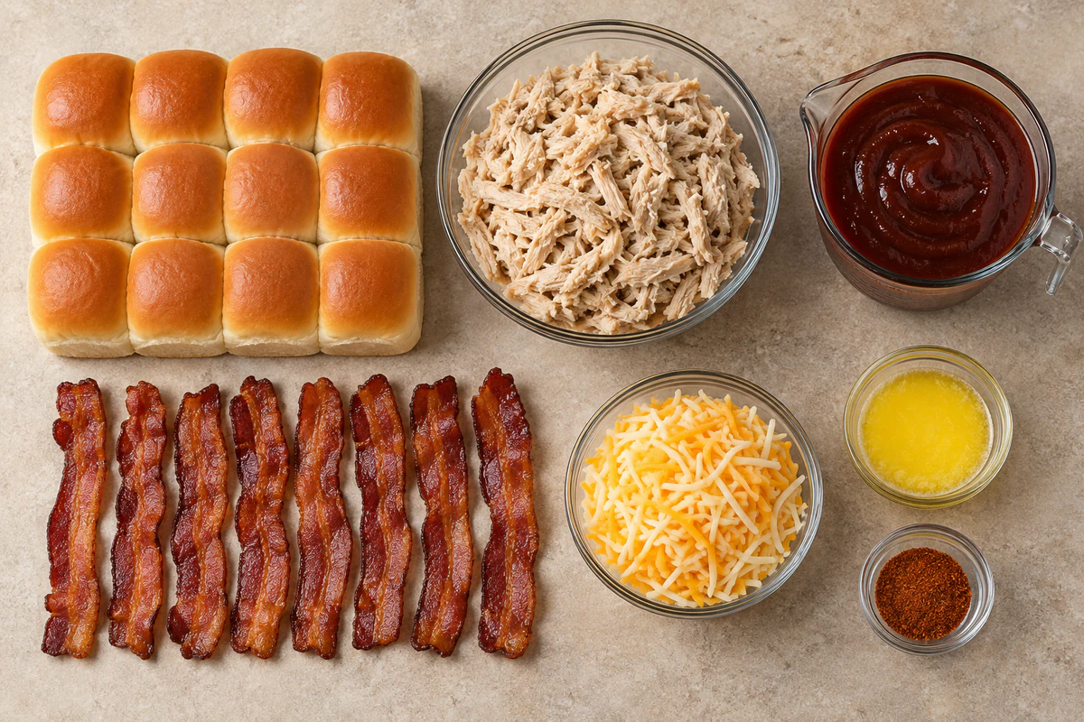 Twelve Hawaiian rolls, shredded chicken, BBQ sauce, eight bacon strips, fiesta cheese, butter, and seasoning