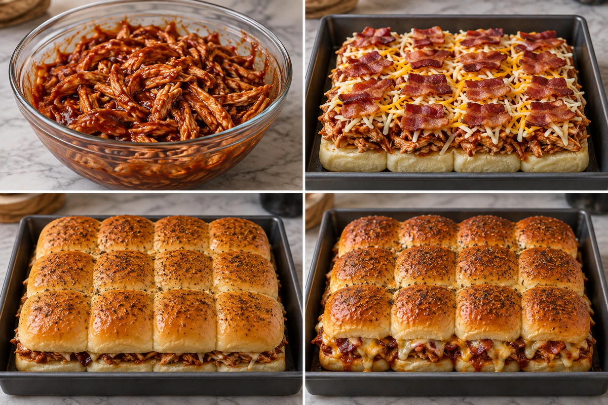 Four stages showing saucy chicken, bacon and cheese layering, seasoned roll tops, and twelve baked sliders