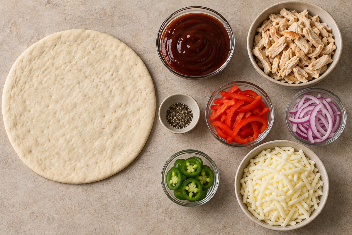 Pizza crust, BBQ sauce, chicken, red pepper, red onion, jalapeno, mozzarella, and black pepper