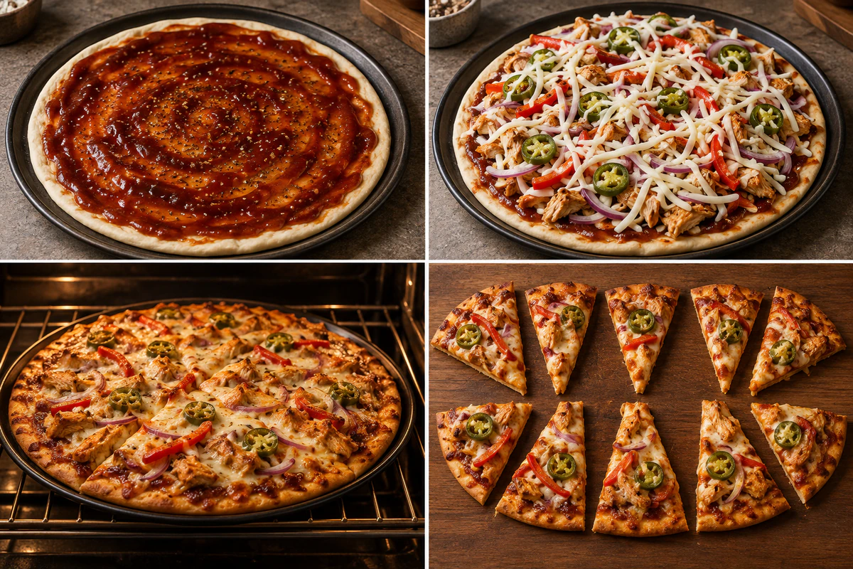 Four stages showing BBQ-sauced dough, chicken and vegetable toppings, baking, and ten pizza slices