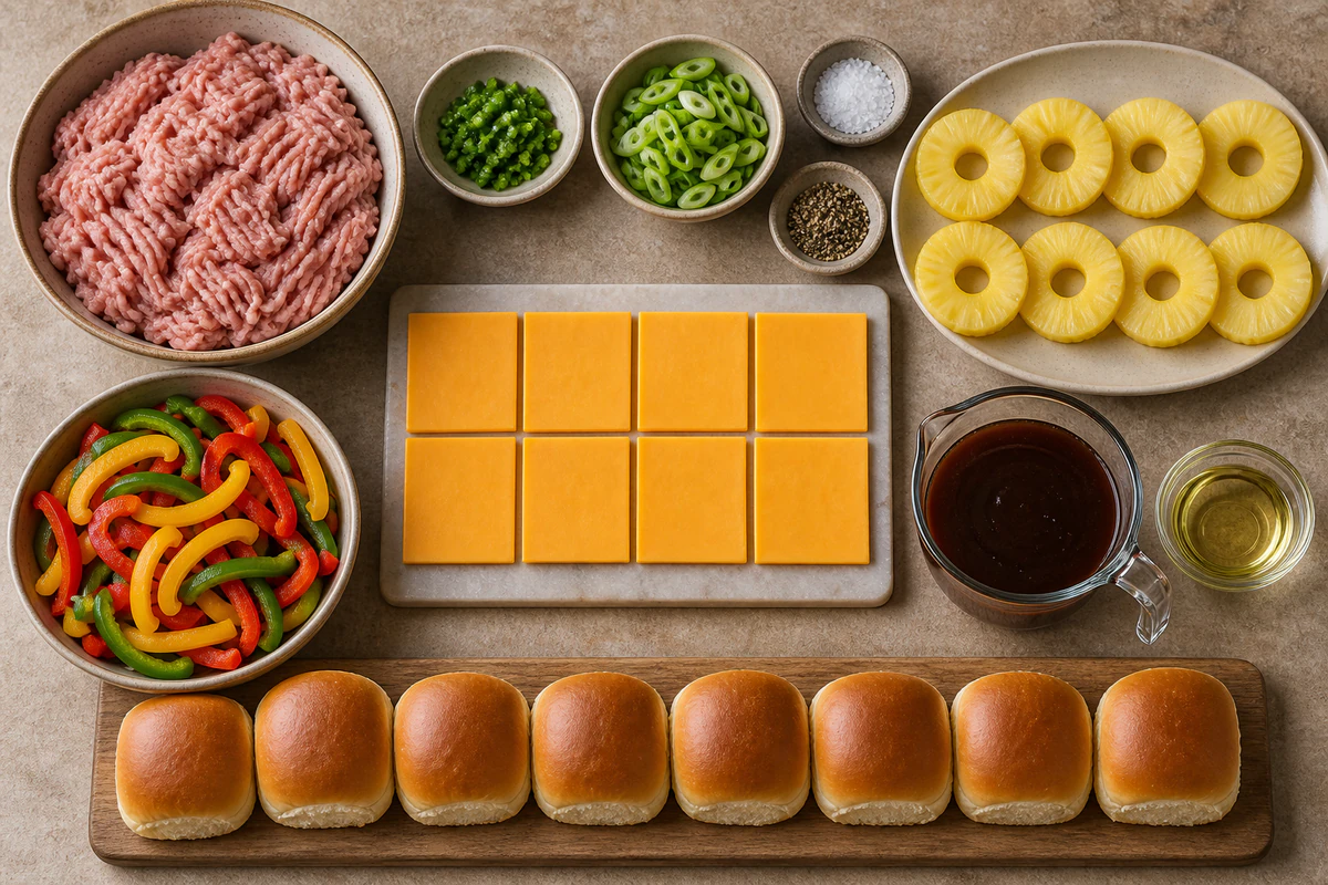 Ground turkey, jalapeno, green onion, pineapple rings, peppers, eight cheddar slices, teriyaki, eight buns, salt, pepper, and oil