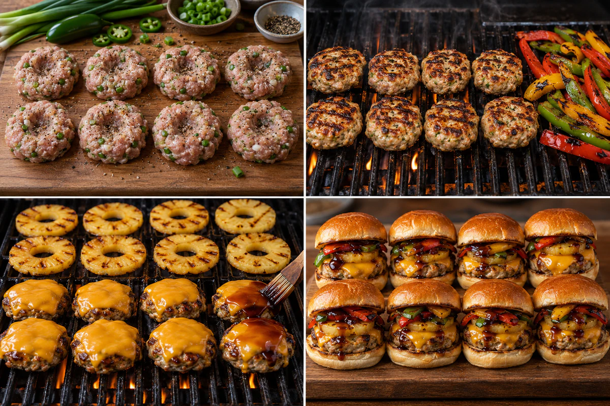 Four stages showing eight turkey patties, grilling with peppers, pineapple and cheese, and eight finished sliders