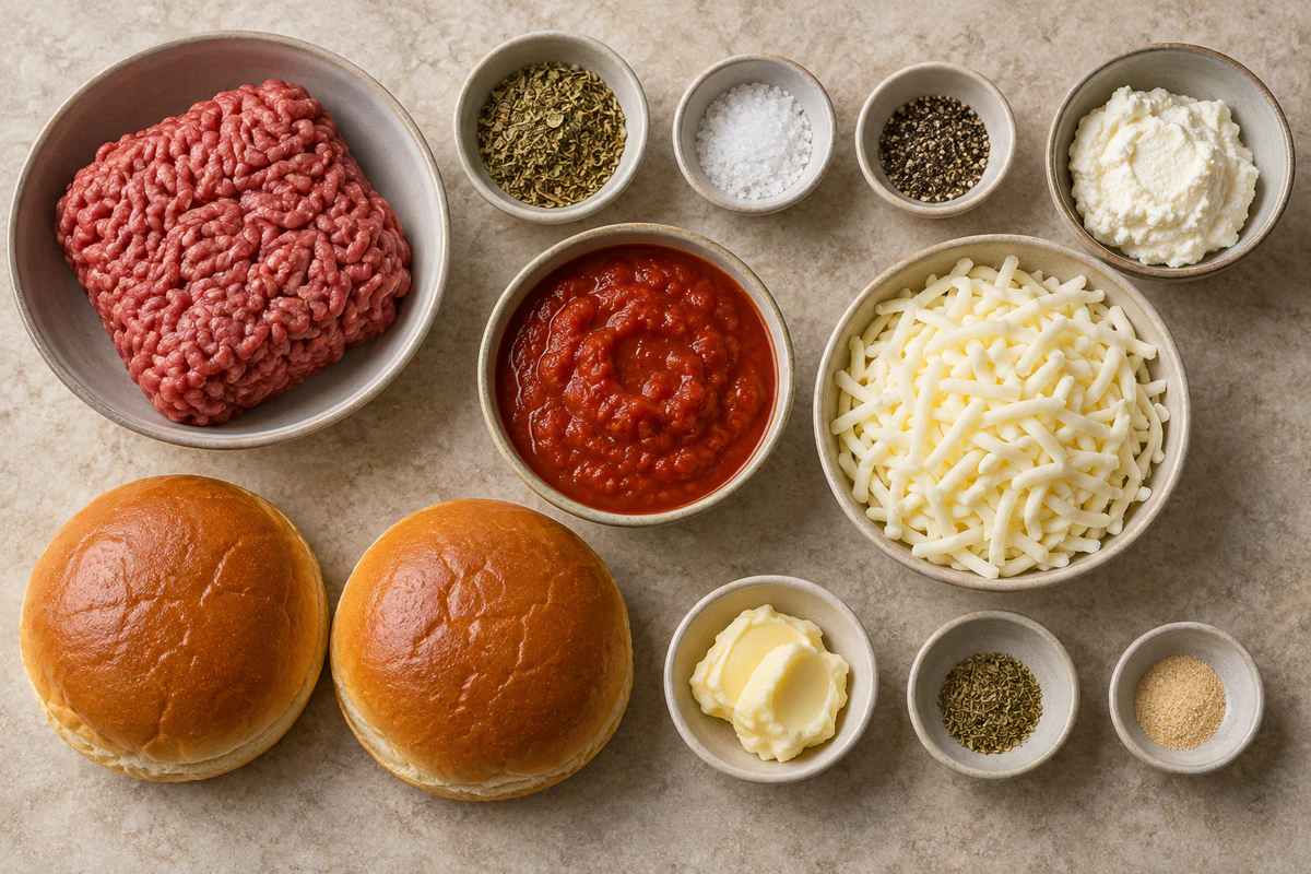 Ground beef, Italian seasoning, ricotta, marinara, mozzarella, two buns, butter, garlic powder, salt, and pepper