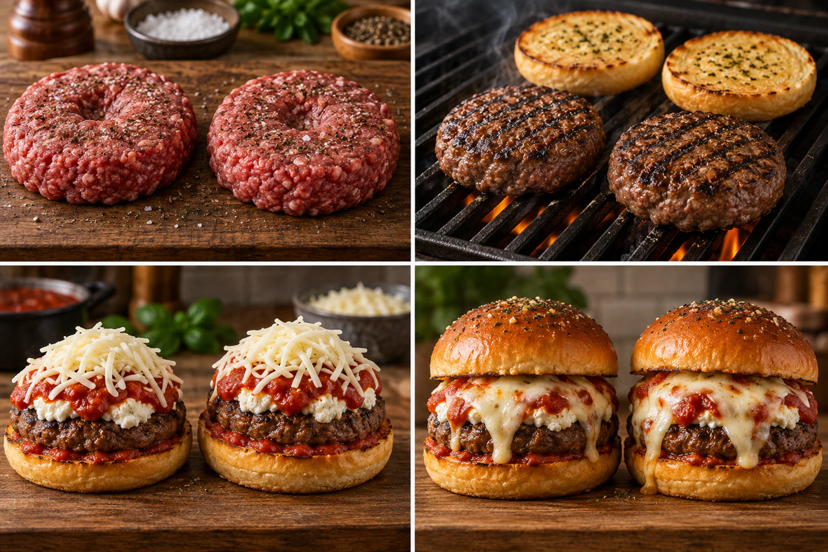 Four stages showing two seasoned patties, grilling with garlic buns, lasagna layering, and two finished burgers