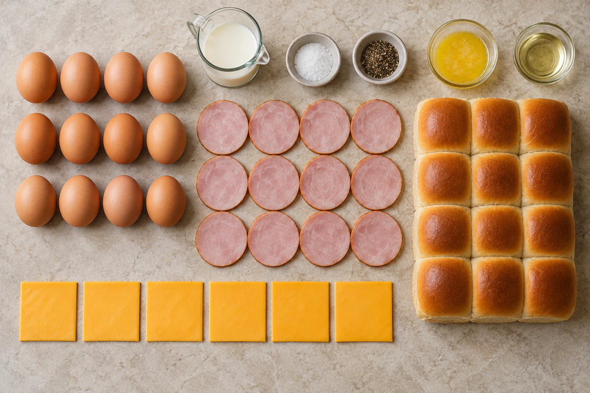 Twelve eggs, milk, twelve Canadian bacon slices, six cheddar slices, twelve slider buns, butter, salt, and pepper