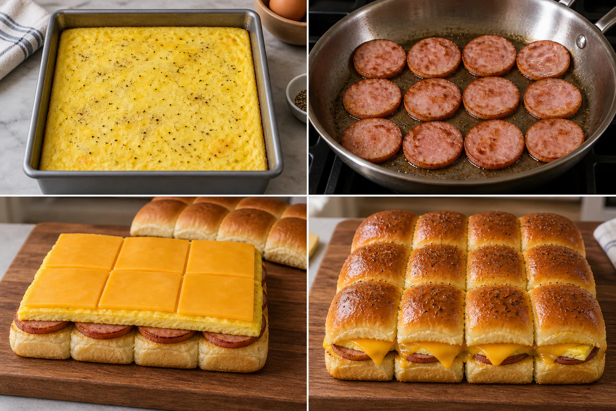 Four stages showing a baked egg sheet, twelve bacon rounds, slider layering, and twelve golden breakfast sliders